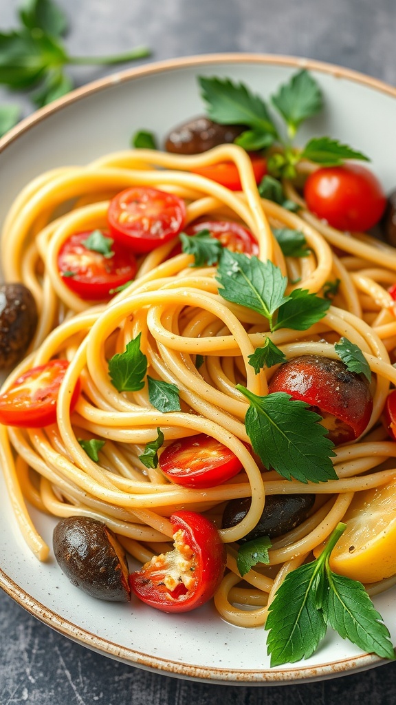 A delicious plate of Pasta Primavera with colorful vegetables