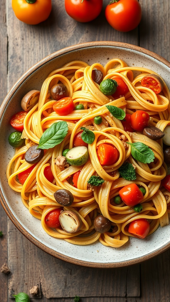 A bowl of Pasta Primavera with spaghetti, cherry tomatoes, green peas, and mushrooms topped with fresh basil.
