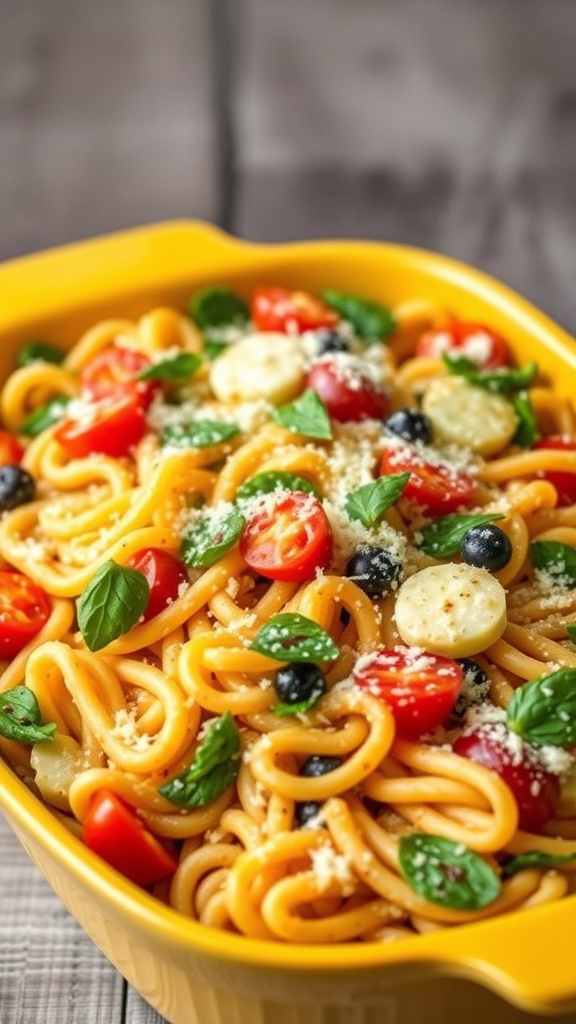 A vibrant Pasta Primavera Bake with cherry tomatoes, black olives, and fresh basil in a yellow casserole dish.