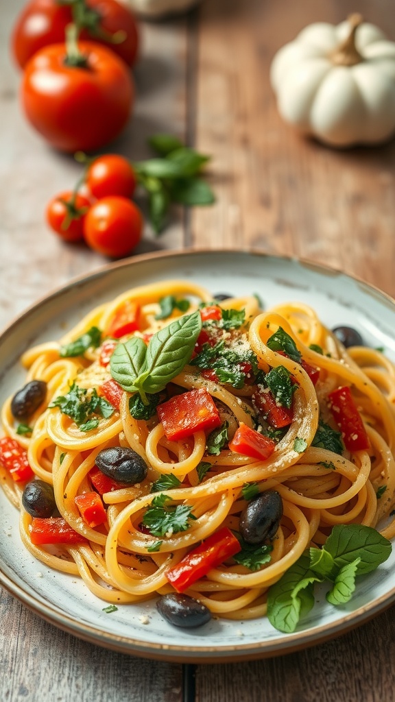 A plate of Pasta Primavera with colorful vegetables and herbs.