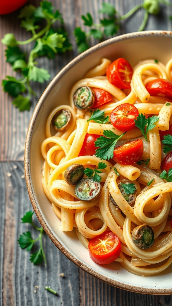 A bowl of Pasta Primavera with cherry tomatoes, zucchini, and parsley.