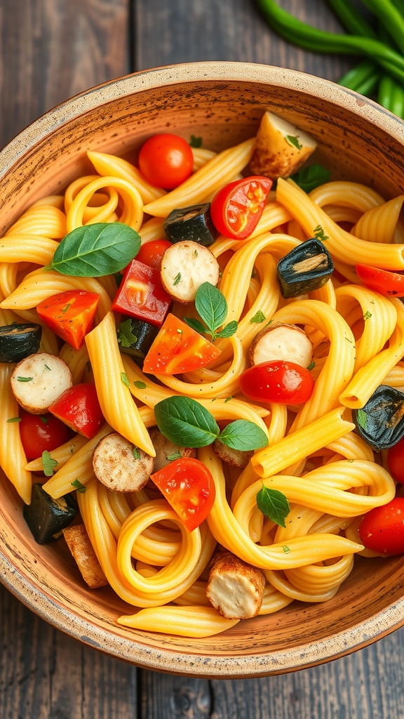 A bowl of Pasta Primavera with colorful vegetables and pasta
