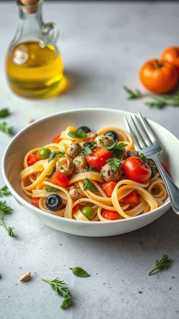 A bowl of pasta primavera with assorted vegetables.