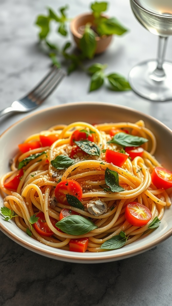A bowl of Pasta Primavera with cherry tomatoes, fresh herbs, and spaghetti.