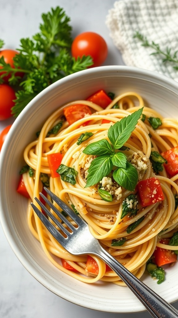 A bowl of Pasta Primavera with fresh herbs, tomatoes, and spinach.