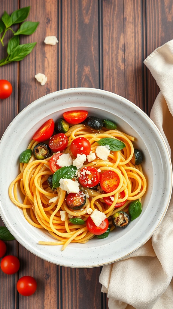 A bowl of Pasta Primavera topped with fresh vegetables and basil.