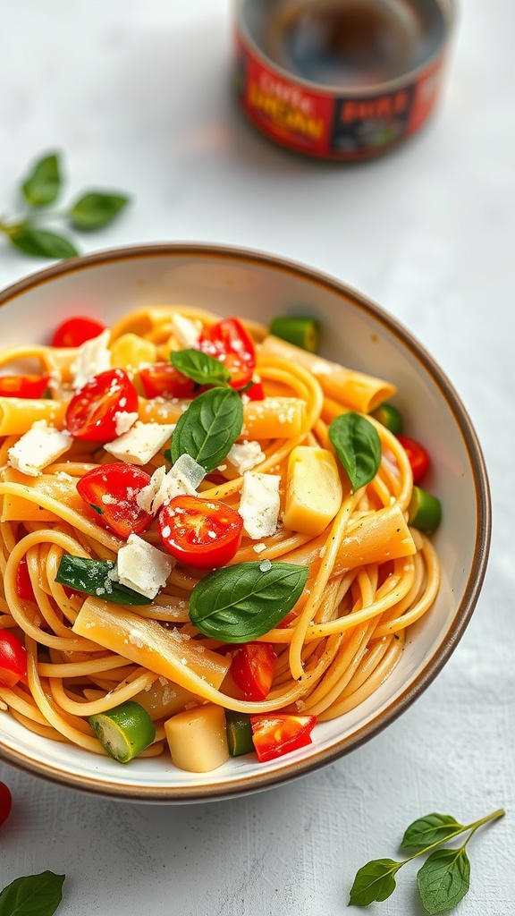 A bowl of Pasta Primavera featuring spaghetti, cherry tomatoes, bell peppers, and fresh basil.
