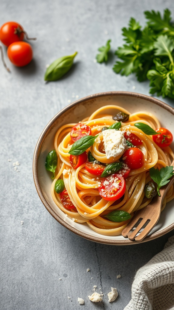 A bowl of Pasta Primavera with fresh vegetables, garnished with basil and Parmesan cheese.