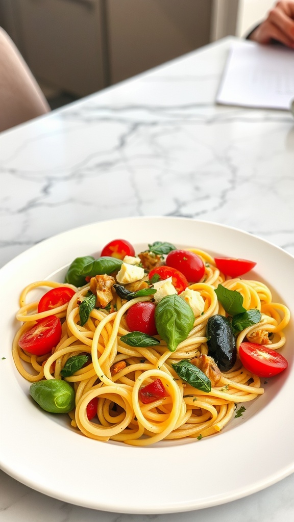 A fresh and colorful plate of Pasta Primavera with cherry tomatoes, zucchini, and spinach.