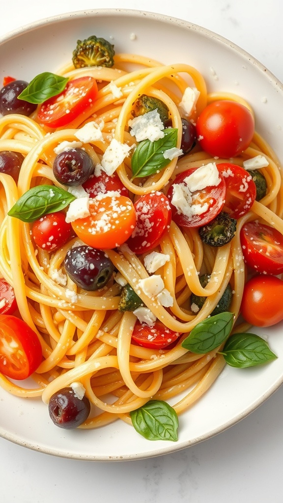 A colorful bowl of Pasta Primavera featuring spaghetti, cherry tomatoes, olives, broccoli, and fresh basil.