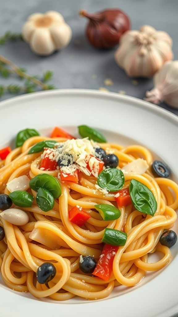 A vibrant plate of Pasta Primavera with garlic, featuring colorful vegetables and topped with basil and Parmesan cheese.