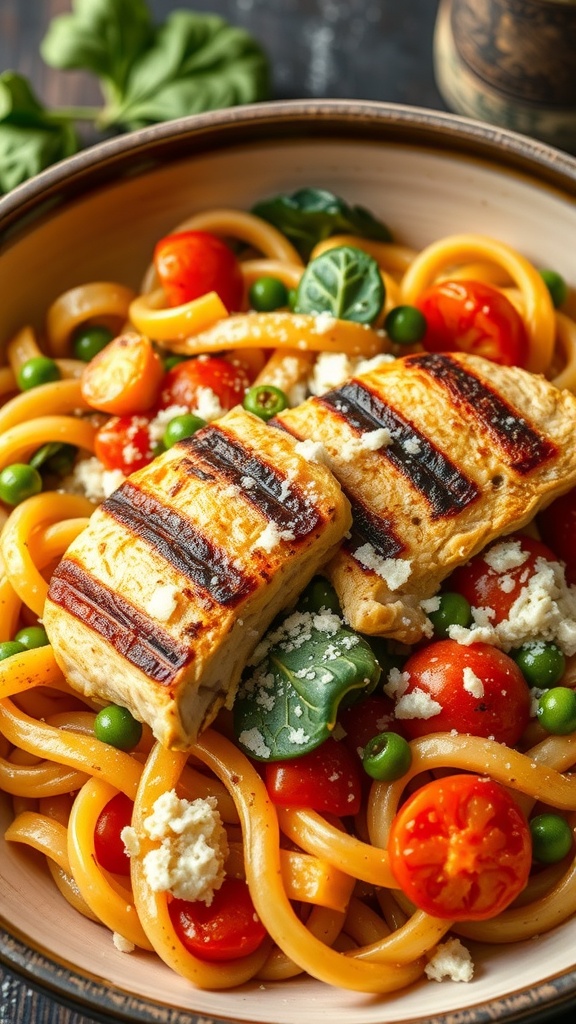 A bowl of Pasta Primavera with grilled chicken, featuring colorful vegetables and pasta.