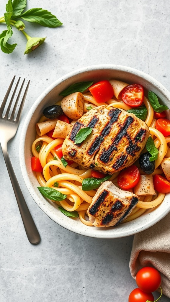 A bowl of Pasta Primavera with grilled chicken, featuring colorful vegetables and a fork beside it.