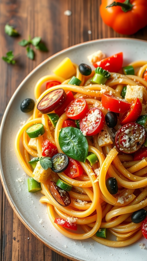 A colorful bowl of Pasta Primavera featuring spaghetti, various vegetables, and cheese.