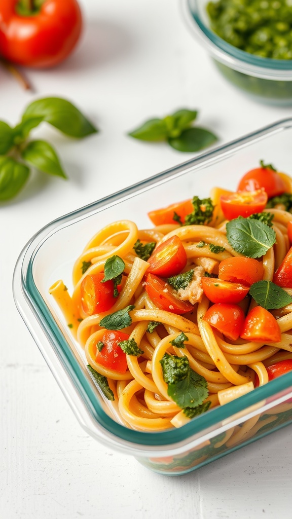 A delicious bowl of pasta primavera with pesto, featuring colorful cherry tomatoes and fresh basil.