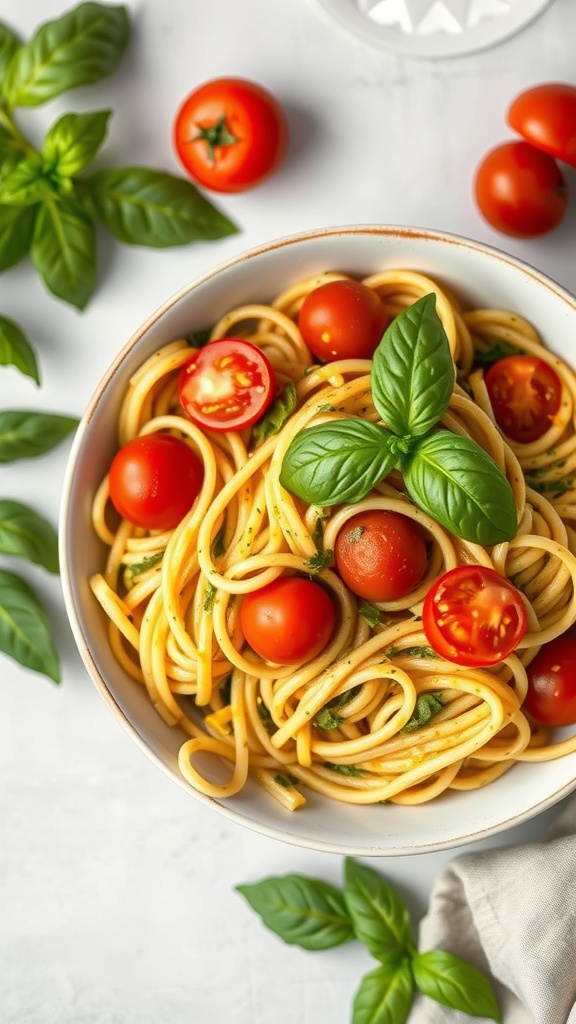 A bowl of Pasta Primavera with Pesto, featuring spaghetti, cherry tomatoes, and fresh basil.
