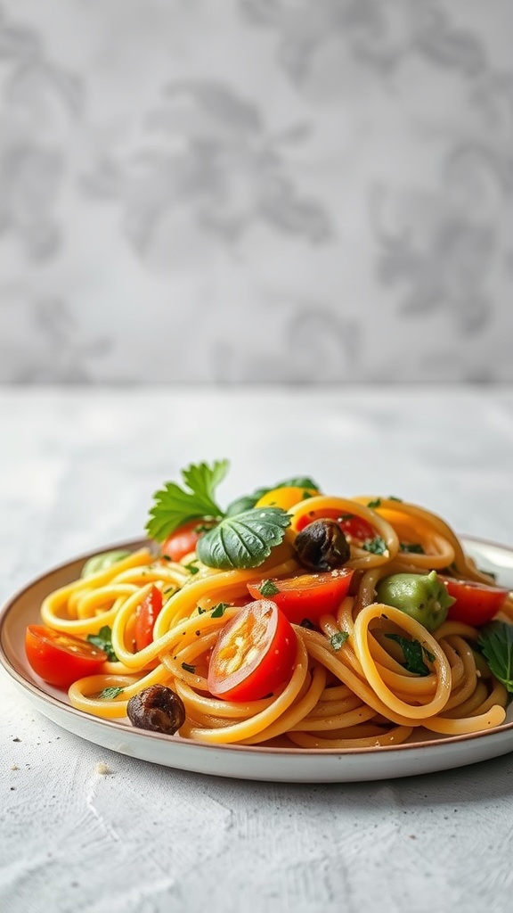 Plate of Pasta Primavera with seasonal vegetables such as tomatoes and herbs.