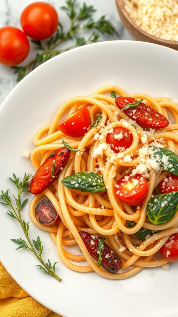 A plate of Pasta Primavera with cherry tomatoes, spinach, and Parmesan cheese.