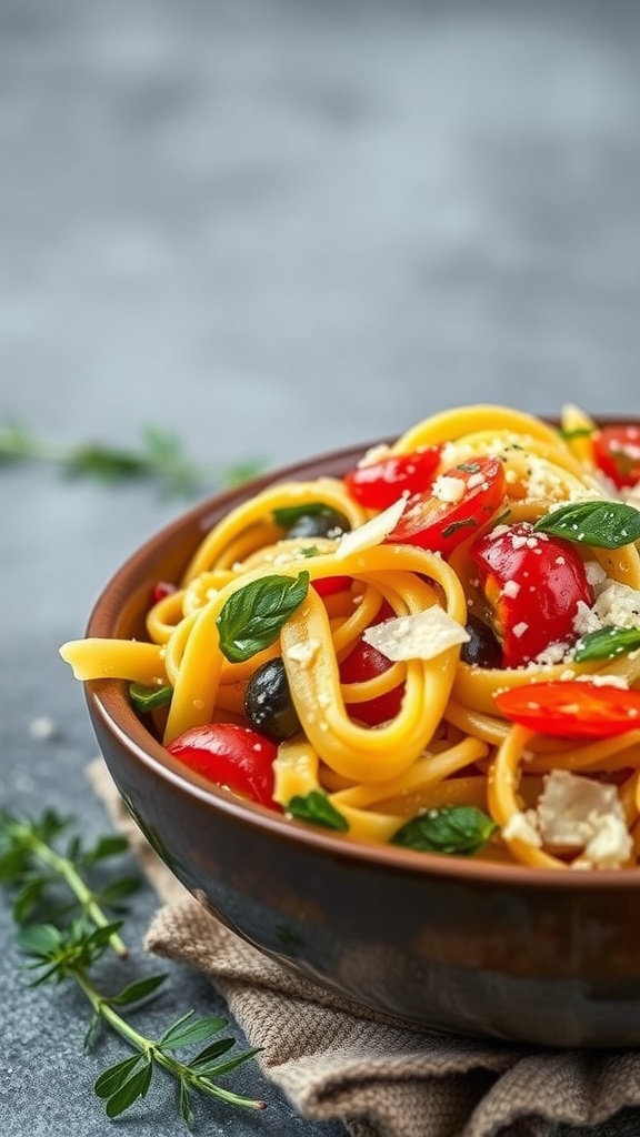 Pasta primavera with seasonal vegetables in a bowl