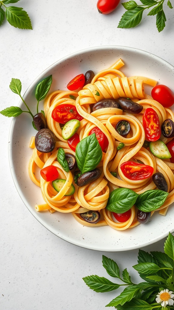 A bowl of Pasta Primavera featuring colorful seasonal vegetables and fresh basil.