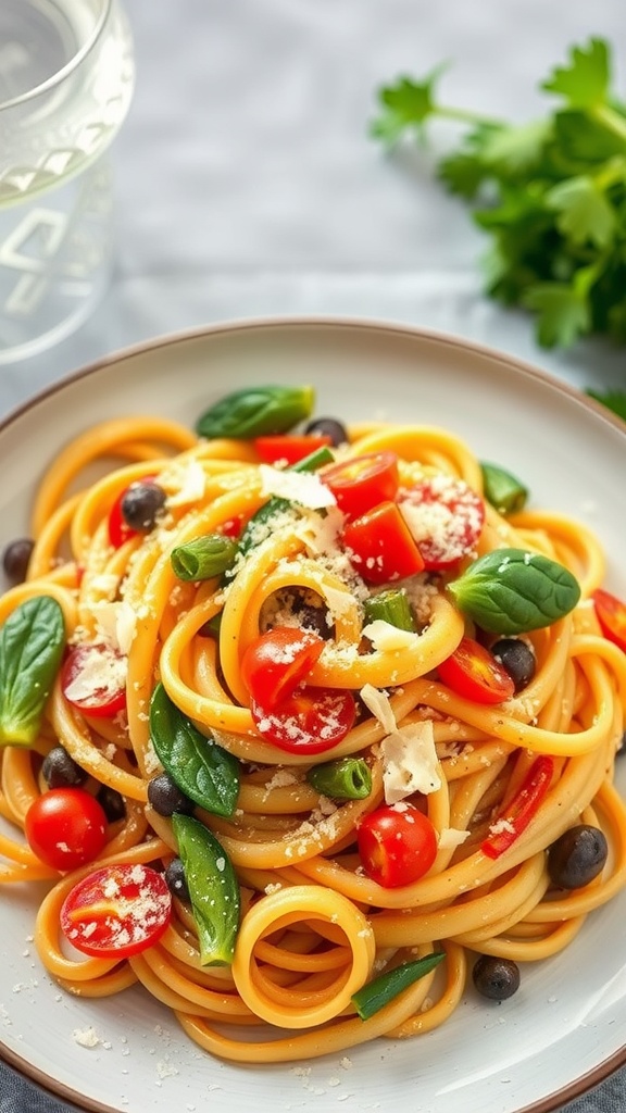 A bowl of Pasta Primavera with seasonal vegetables, including bell peppers, cherry tomatoes, and spinach, topped with Parmesan cheese.