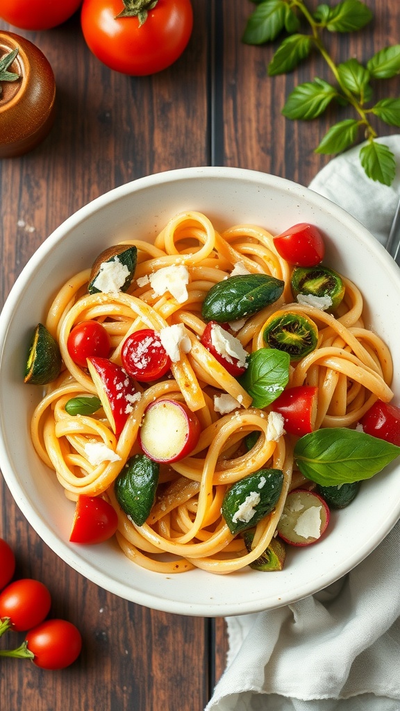 A serving of pasta primavera showcasing colorful vegetables.