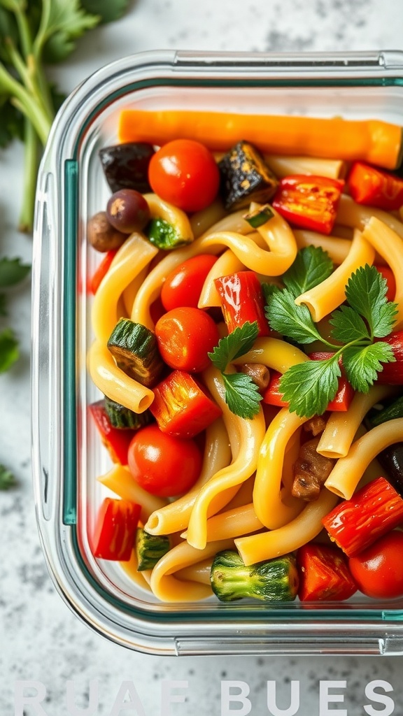 A colorful bowl of Pasta Primavera with seasonal vegetables.