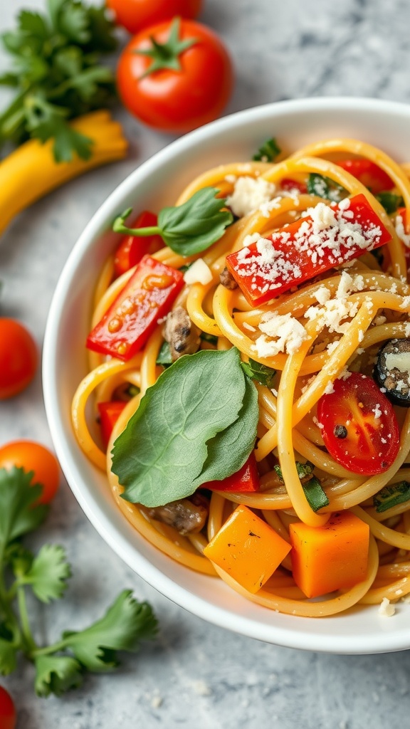 A vibrant bowl of Pasta Primavera featuring colorful seasonal vegetables like bell peppers and cherry tomatoes, garnished with fresh basil.