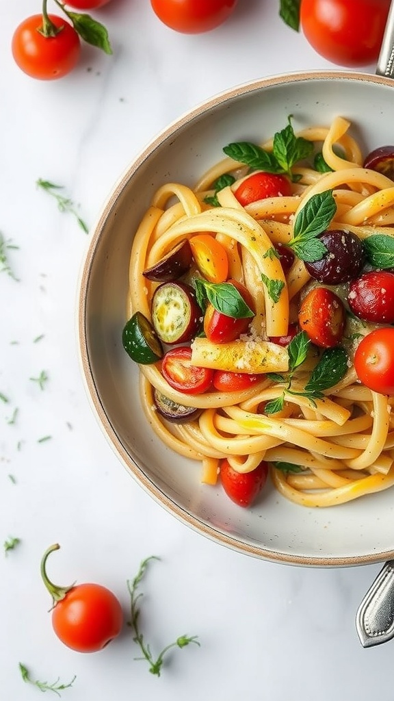 A bowl of pasta primavera with seasonal vegetables