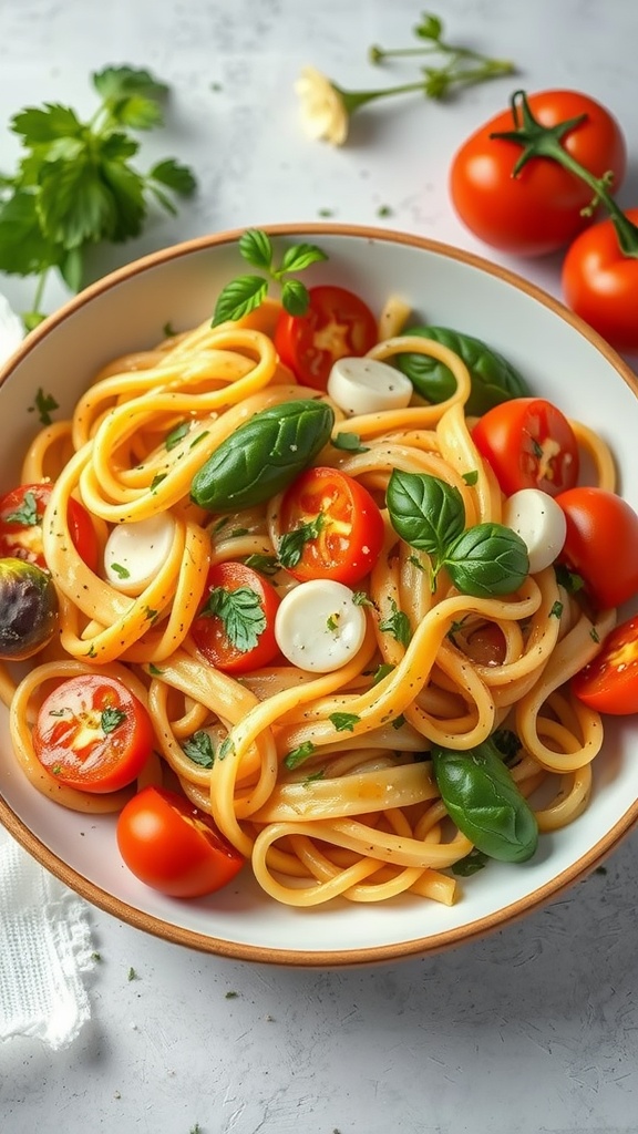 A bowl of Pasta Primavera with seasonal veggies, featuring colorful tomatoes, basil, and pasta.