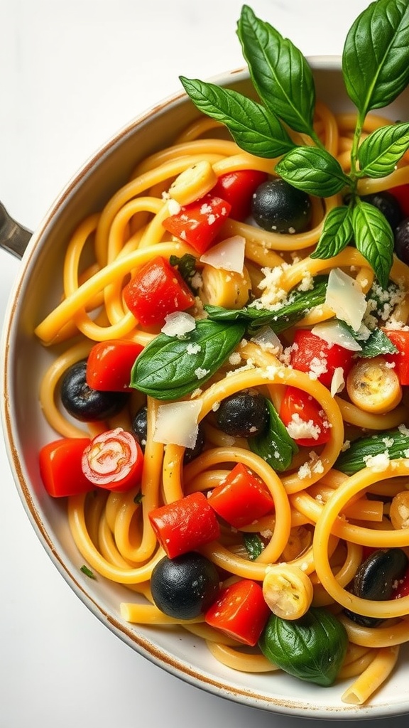 A bowl of Pasta Primavera with seasonal vegetables, garnished with basil
