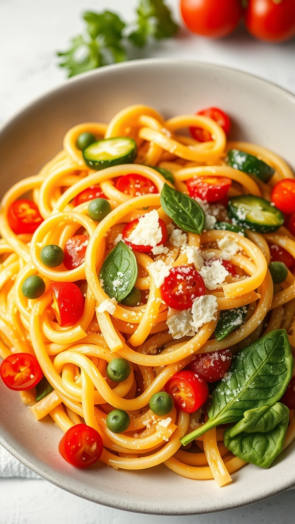 A bowl of Pasta Primavera with seasonal veggies including cherry tomatoes, spinach, and bell peppers.