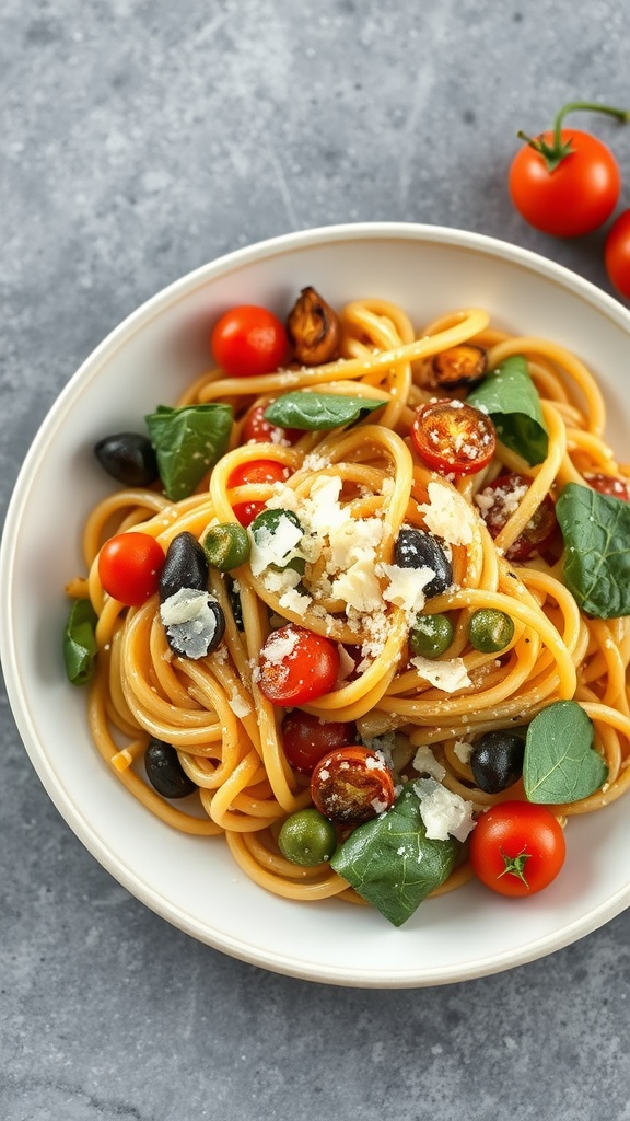 A bowl of Pasta Primavera with seasonal veggies, featuring spaghetti, cherry tomatoes, spinach, and olives.