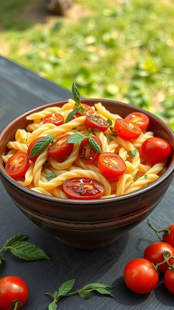 A bowl of pasta salad with cherry tomatoes and basil.