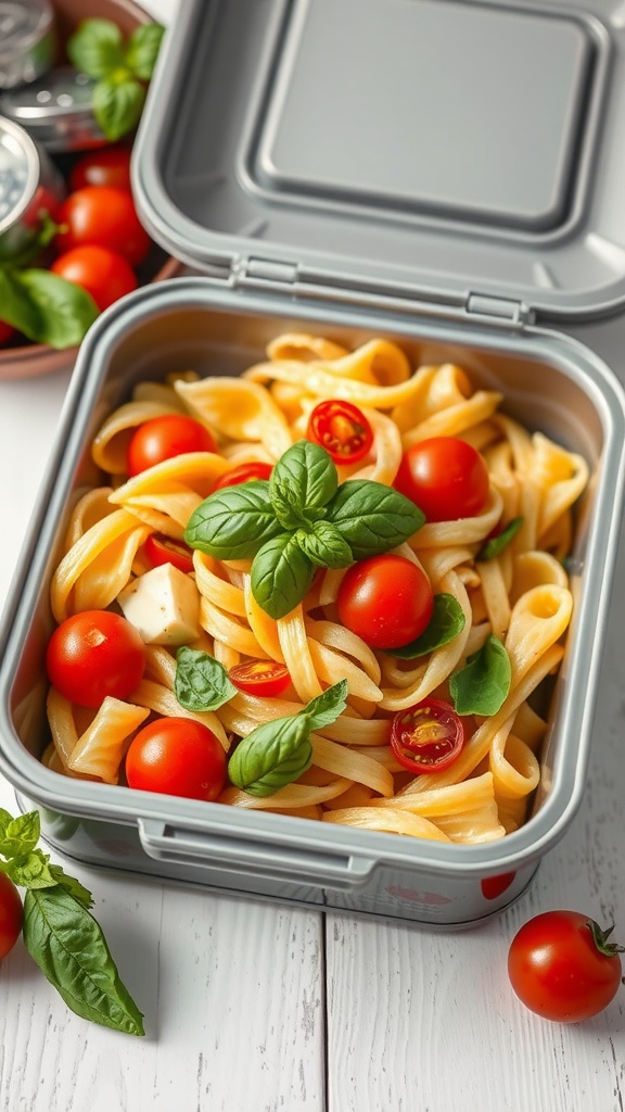 A pasta salad with cherry tomatoes and basil in a lunchbox container.