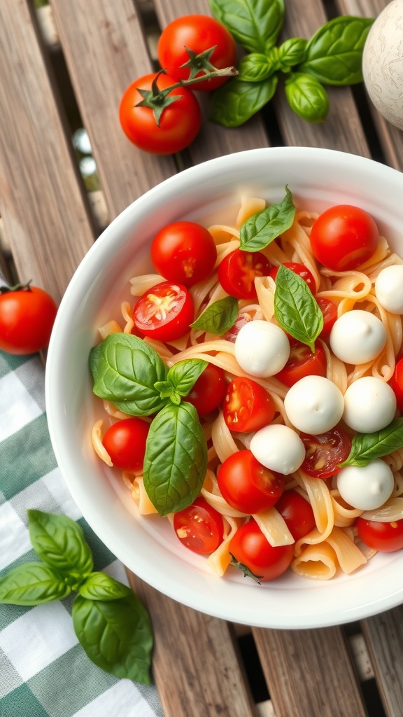 A bowl of pasta salad with cherry tomatoes, mozzarella balls, and fresh basil on a wooden table.
