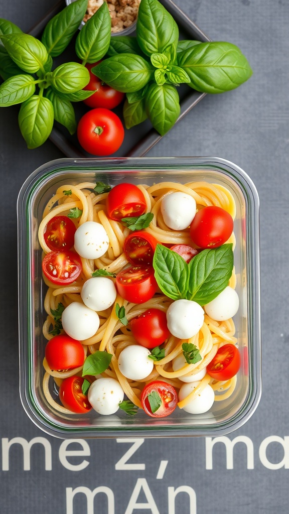 A colorful pasta salad with cherry tomatoes and mozzarella, garnished with fresh basil.