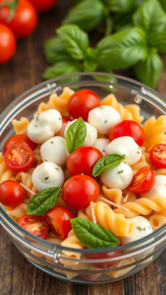 A vibrant pasta salad with cherry tomatoes and basil in a glass bowl.