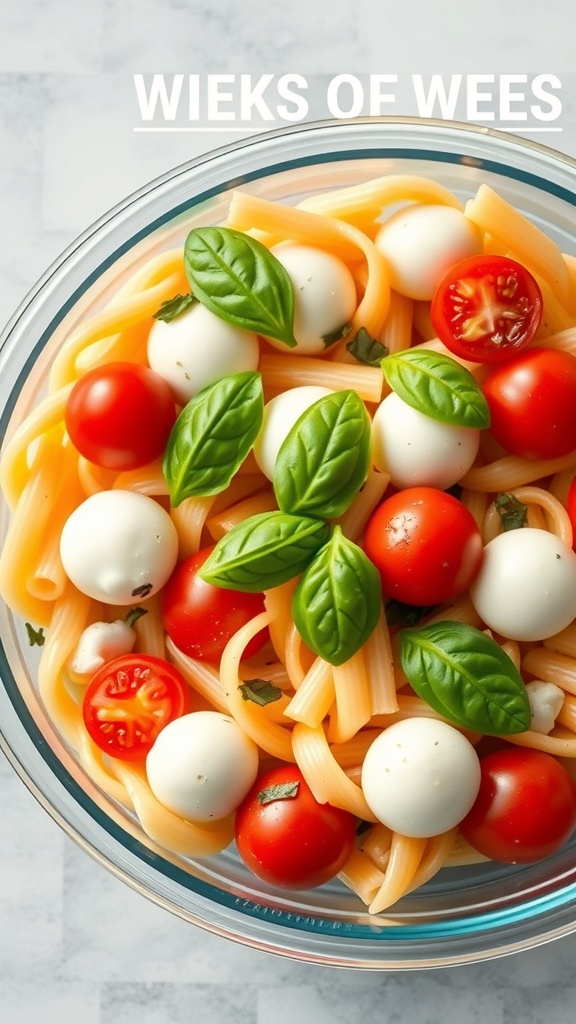 A vibrant pasta salad with cherry tomatoes, mozzarella balls, and fresh basil in a glass bowl.