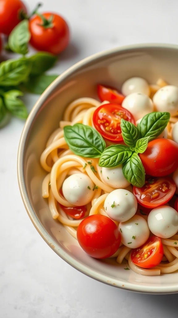 A bowl of pasta salad with cherry tomatoes, mozzarella balls, and fresh basil.
