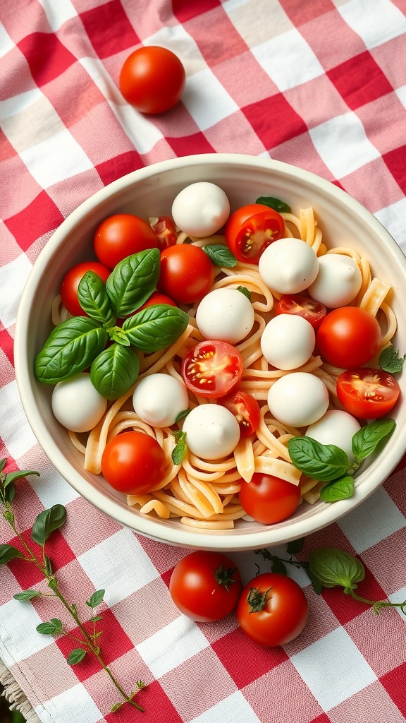 A delicious pasta salad featuring cherry tomatoes and mozzarella balls.