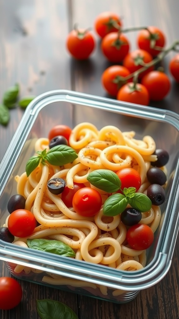 A colorful pasta salad with cherry tomatoes, olives, and fresh basil.