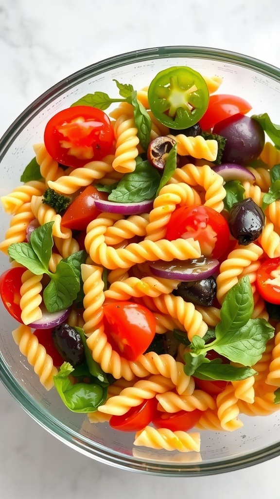 A colorful pasta salad with fresh vegetables including cherry tomatoes, cucumbers, olives, and herbs.