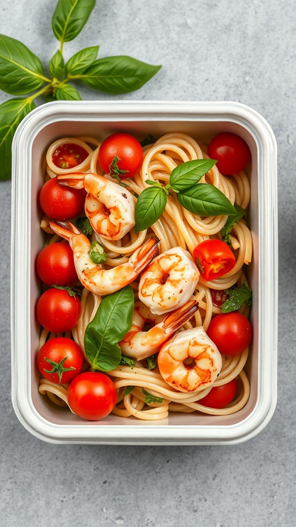 A pasta salad with grilled shrimp, cherry tomatoes, and fresh basil in a lunchbox.