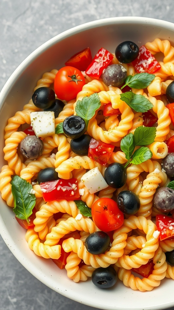 A bowl of pasta salad with grilled vegetables, featuring rotini pasta, cherry tomatoes, bell peppers, black olives, and fresh herbs.