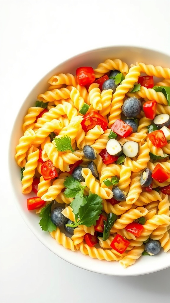 A colorful bowl of pasta salad with red bell peppers, green peas, and rotini pasta.