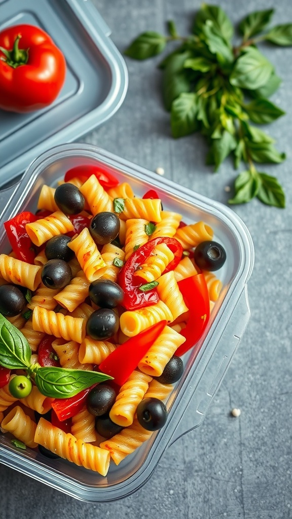 Colorful pasta salad with vegetables and dressing in a plastic container