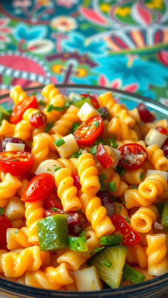 A colorful pasta salad with cherry tomatoes, cucumbers, bell peppers, and mozzarella cheese.