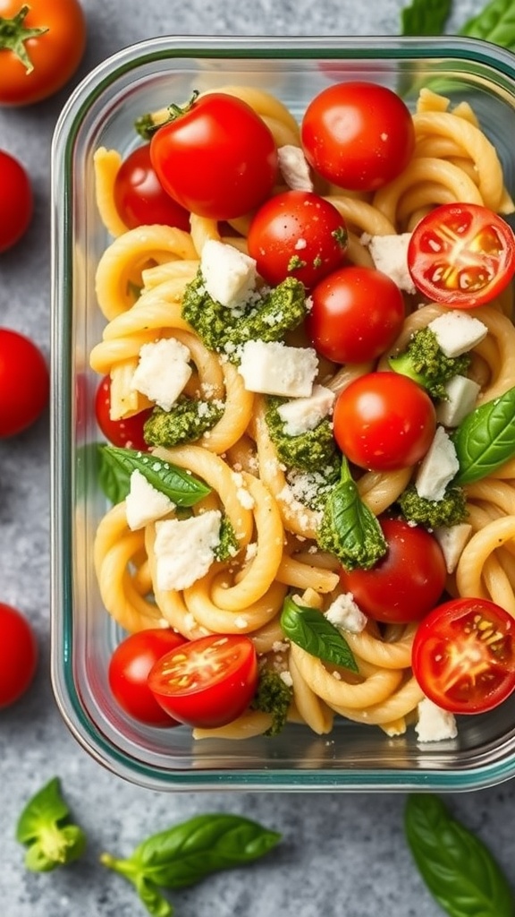 A colorful bowl of pasta salad with cherry tomatoes, arugula, and pesto.