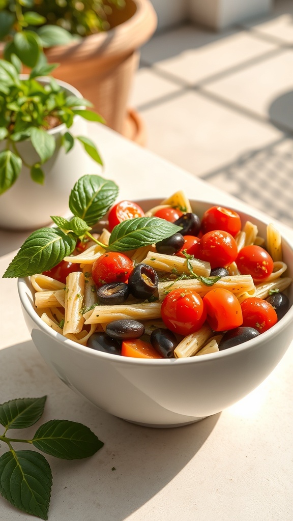 A bowl of pasta salad with cherry tomatoes, black olives, and fresh basil.